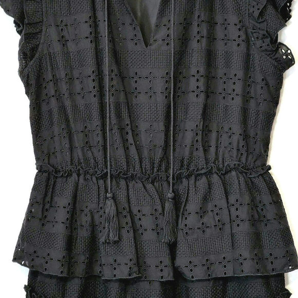 SHOL Los Angeles Eyelet Ruffle Dress Tiered Black Mini Dress Boho Party Size 14 - Picture 7 of 16